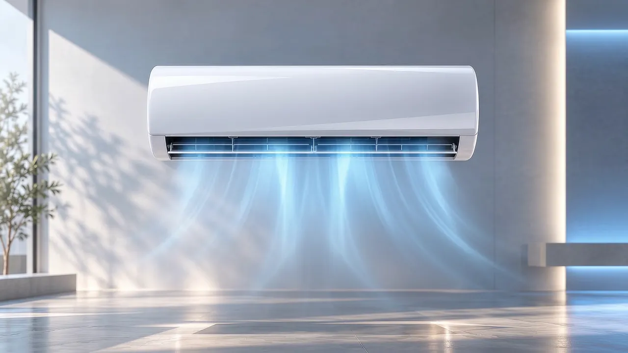 Split hi-wall ligado na parede, com o ar frio descendo em feixes azuis
